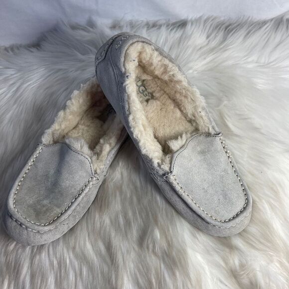 UGG Ansley Pale Grey Wool Lined Suede Slippers - Picture 1 of 5